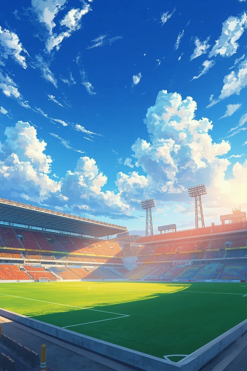 Game art: a football stadium under a blue sky, lit by the sun